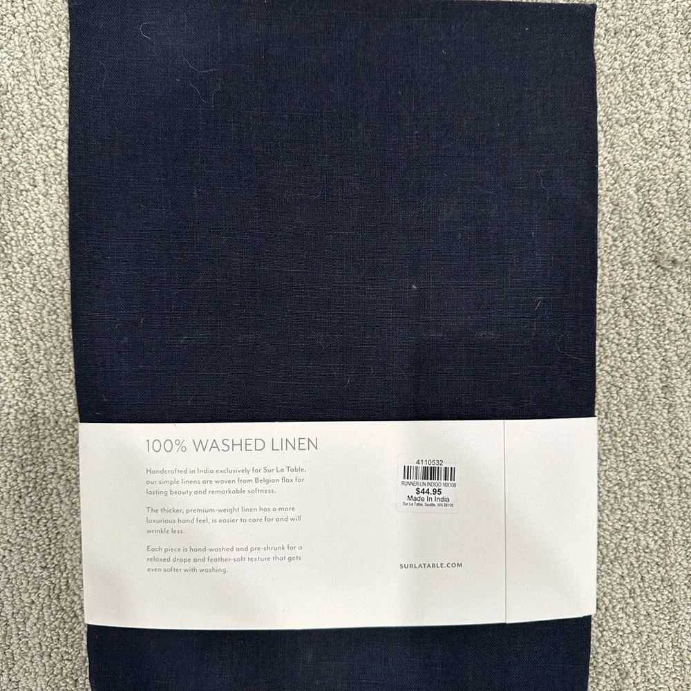 NWT Sur La Table washed linen runner, navy, 16” x 108”
